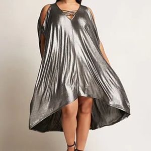 NWOT Shimmery, metallic hi-low cold shoulder dress